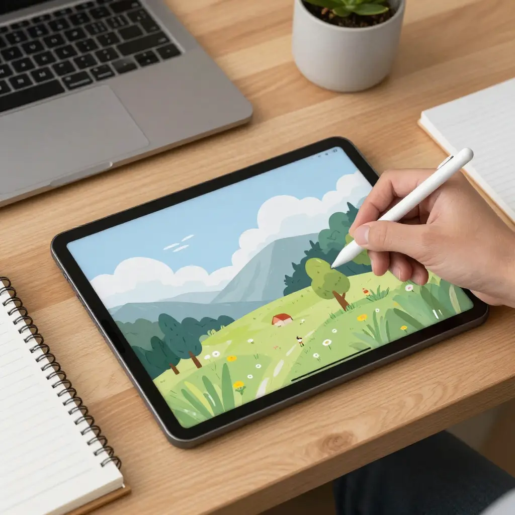 Digital art workspace with tablet and stylus